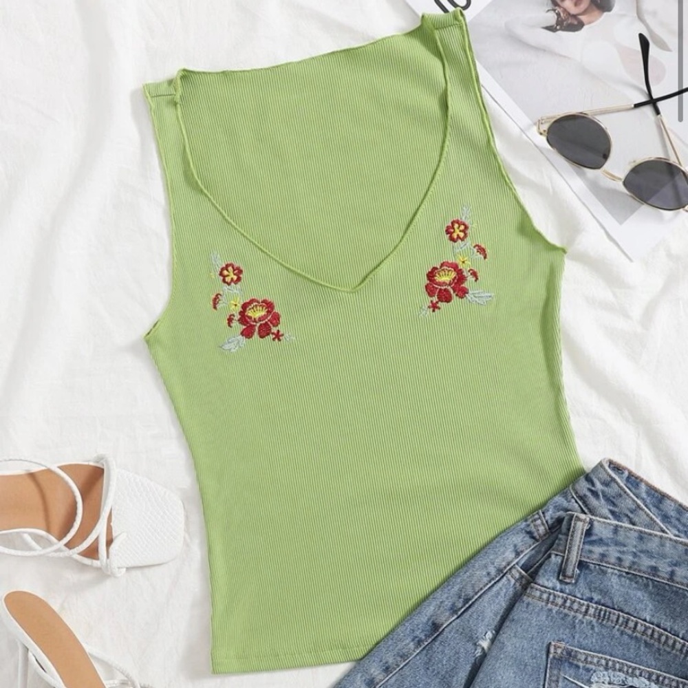 Green Embroidery Tank Top